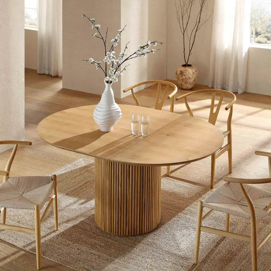 American Style Round Extendable Solid Oak Pedestal Fluted Dining Table