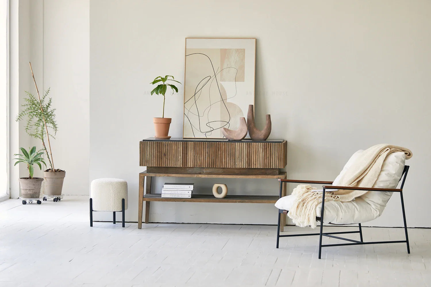 Japandi Style Wooden Console Table: Authentic Elm Plywood & Stone Sideboard