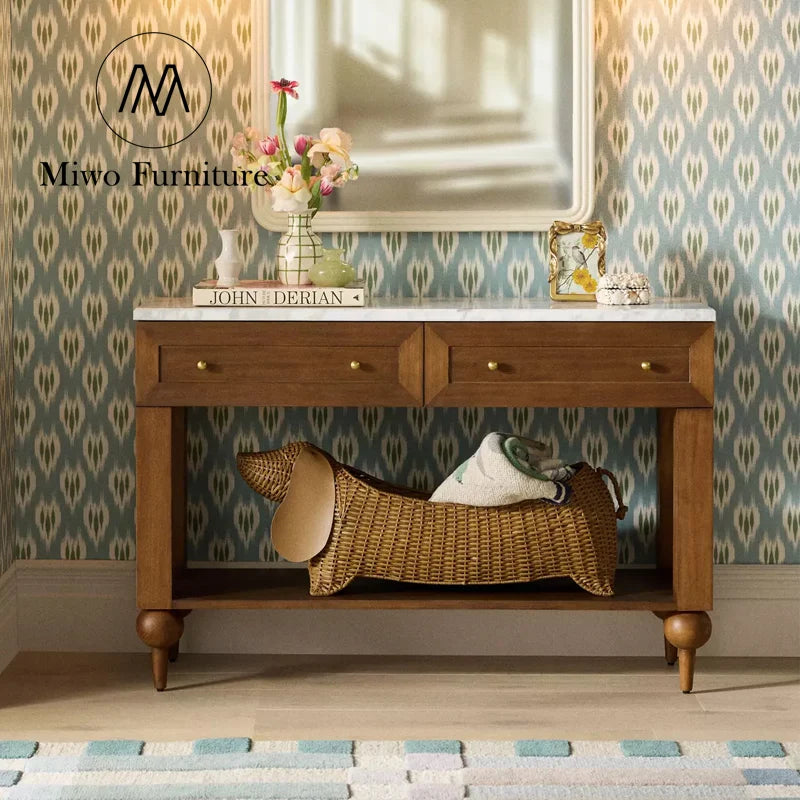 Modern Wooden Entryway Table with Marble Mirrored Drawer Console Table