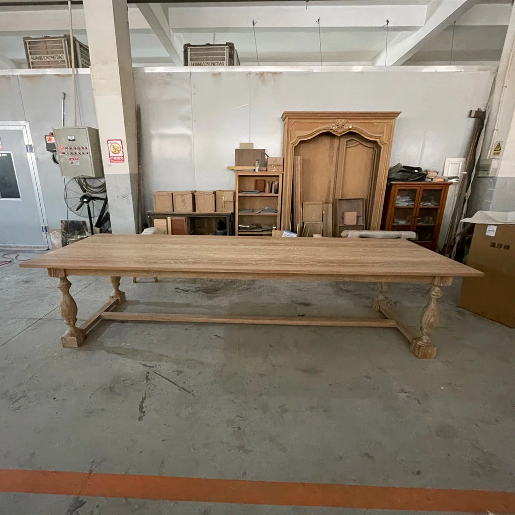 Premium Solid Oak Trestle Dining Table - Hand-Carved Legs, 8-10 Seater