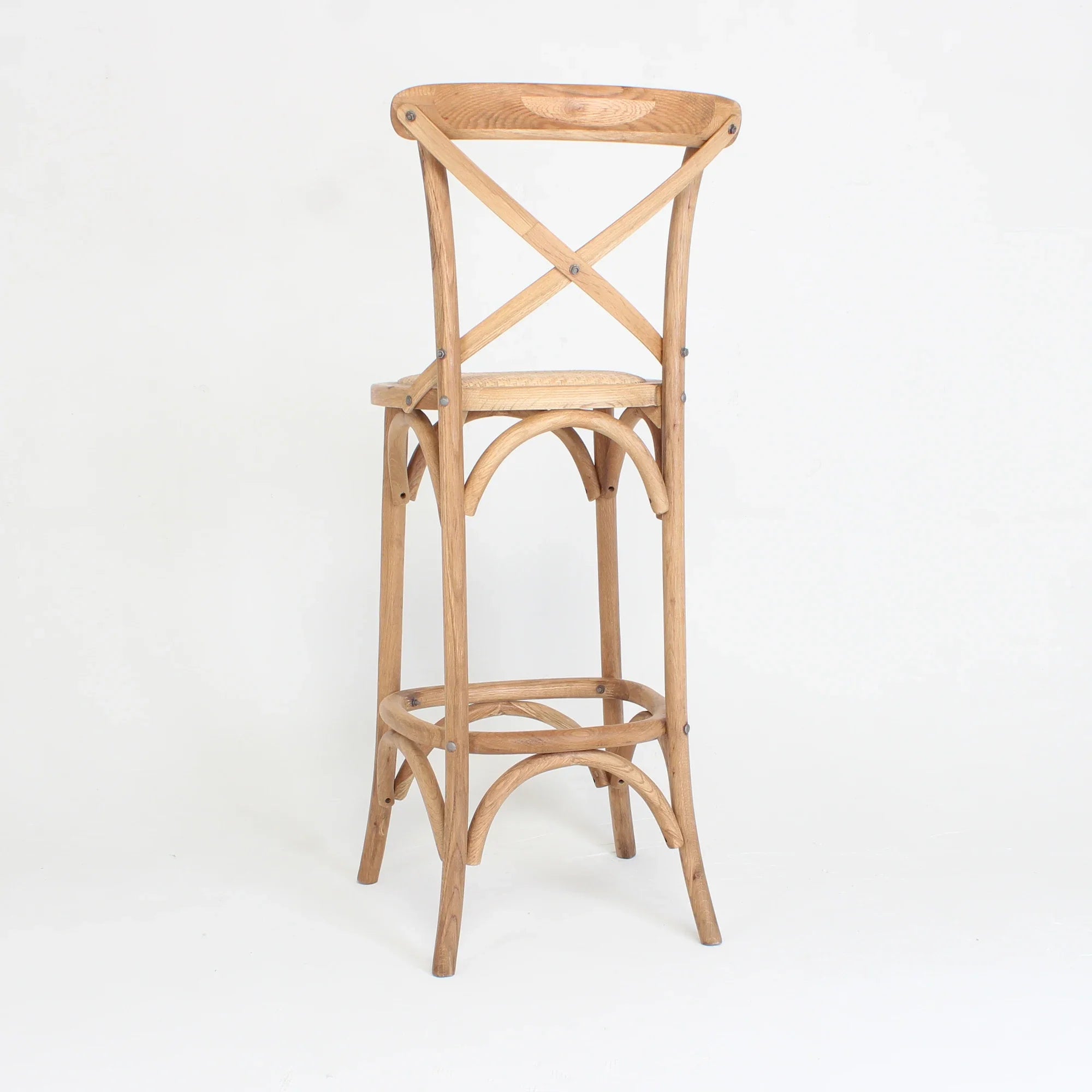 Elegant Oak Finish Cross Back Counter Stool with Woven Rattan Seat