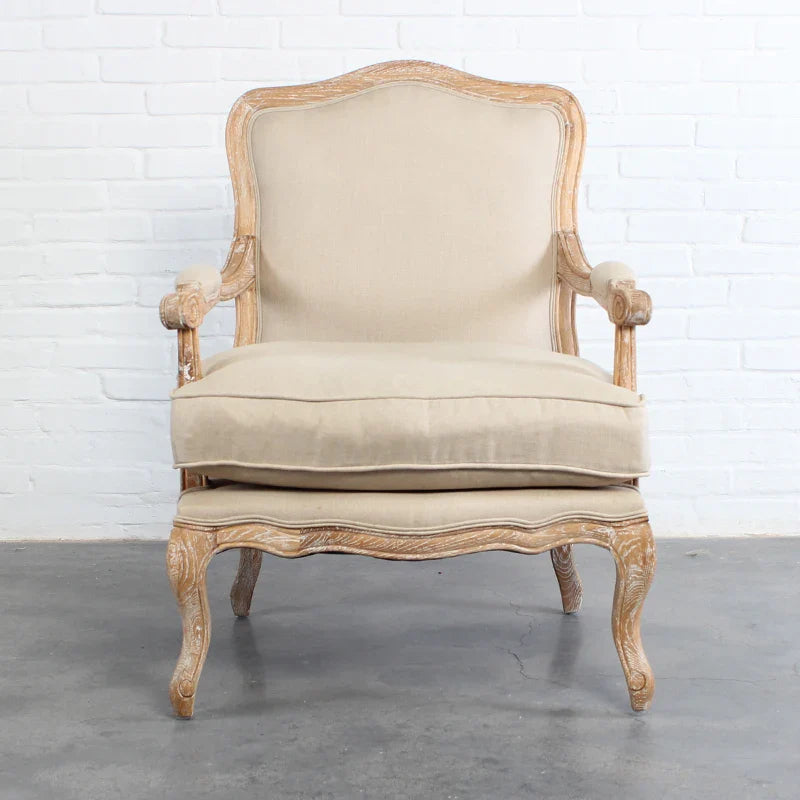 Elegant French Solid Oak Living Room Armchair: Linen/Velvet Upholstered Leisure Chair