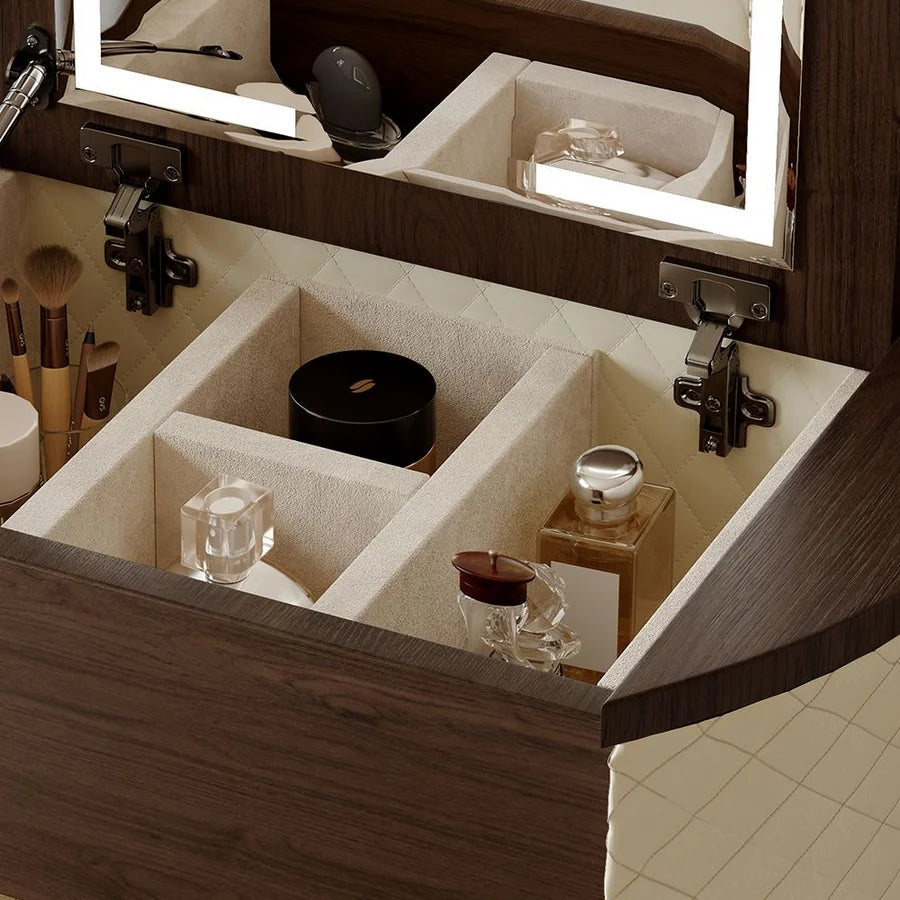 Elegant Mid-Century Modern Leather Vanity Set with Mirror, Dresser