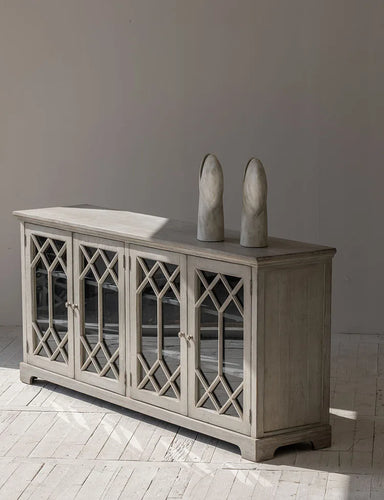 Elegant Mid-Century French Style Solid Recycled Pine Sideboard with Glass