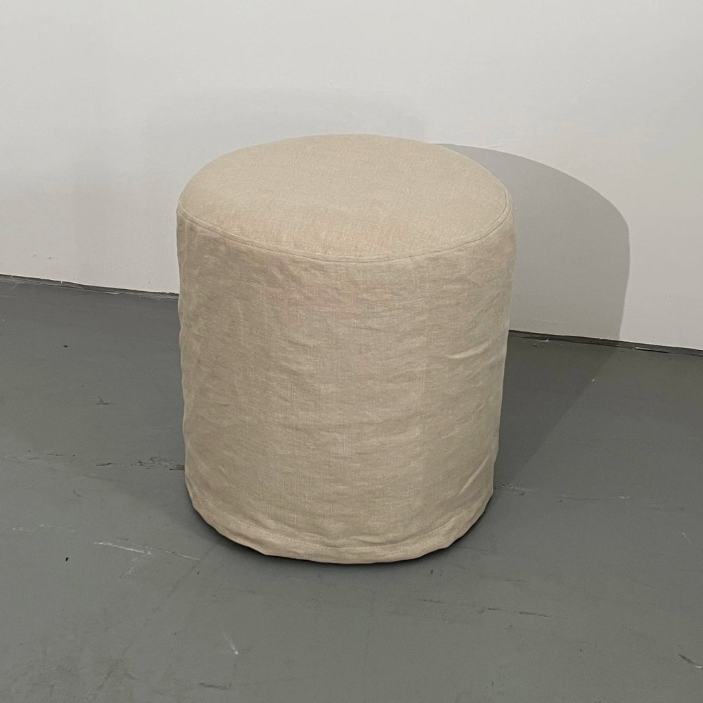Elegant Natural Linen Upholstered Round Ottoman Accent Foot Stool Pouf