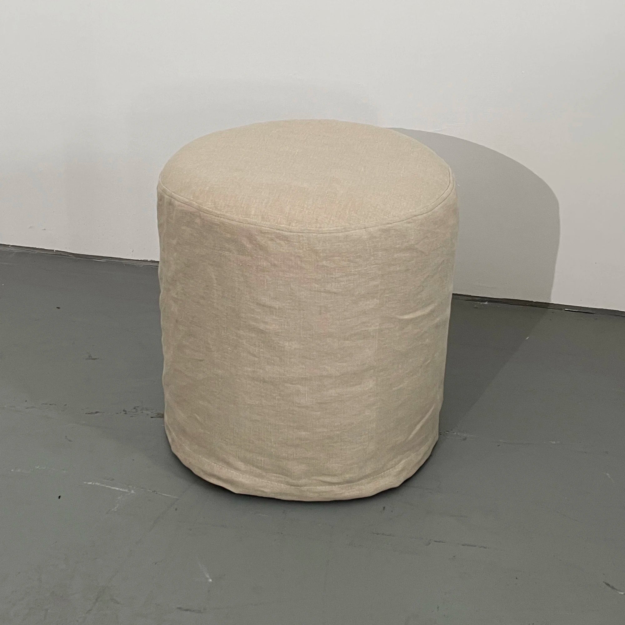 Elegant Natural Linen Upholstered Round Ottoman Accent Foot Stool Pouf