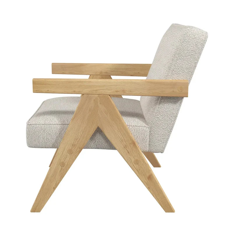 Chic Oak Wood Lounge Chair, Linen Upholstered Recliner for Modern Living Room