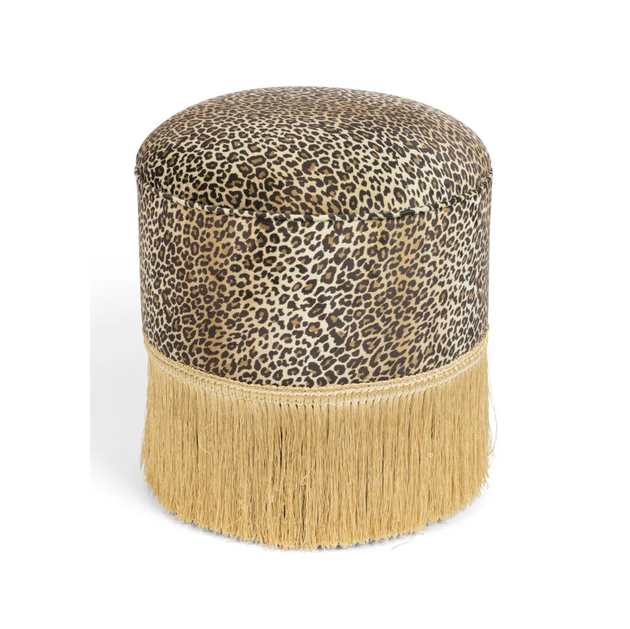 Modern Leopard Print Velvet Ottoman, Brass Base Luxury Pouf, Round Boucle Footrest Stool