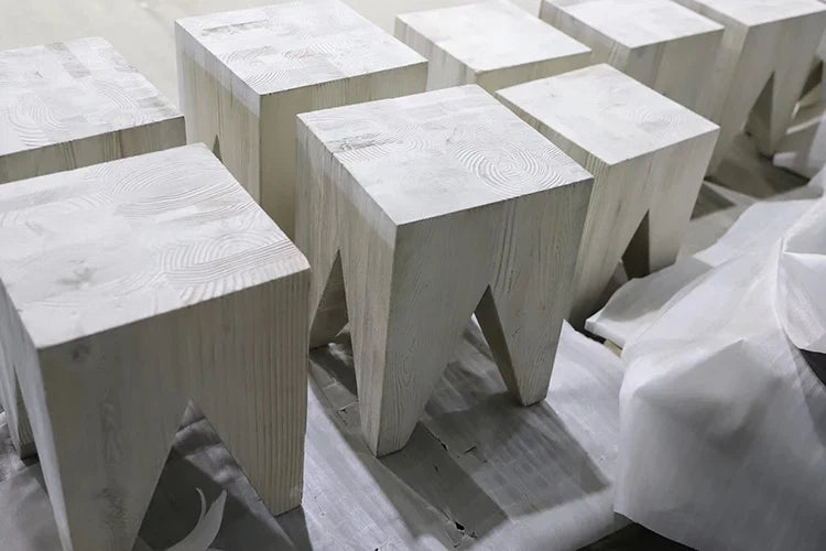 Chic Distressed Solid Pine Square Stool - French Nordic Coastal Living Accent
