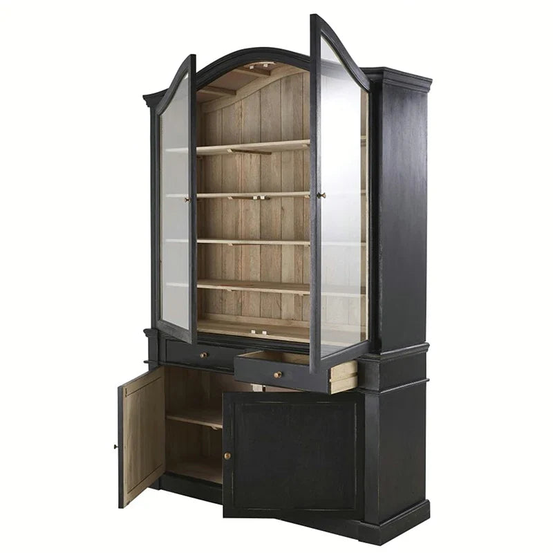 Elegant French Antique Black Oak Carved Display Cabinet Bookshelf Storage