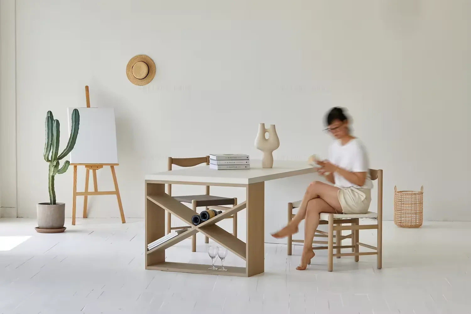 Modern Nordic Rectangle Dining Table: Recycled Pine Wood Slab & Concrete Base