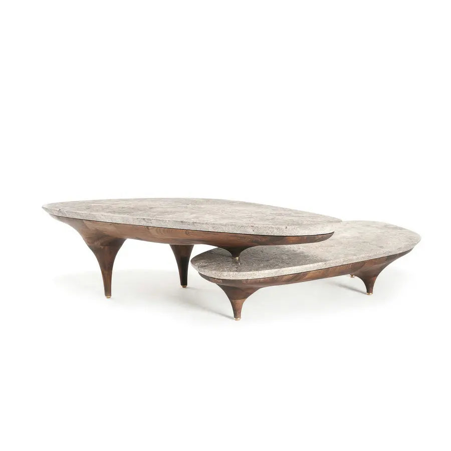 Elegant Nordic Nesting Black Travertine Marble & Walnut Wood Coffee Table