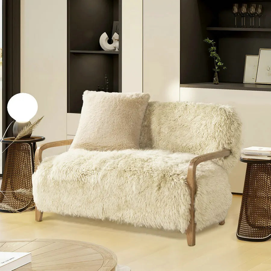 Nordic Vintage Sheepskin Loveseat Sofa, Solid Wood L-Shape Accent Couch