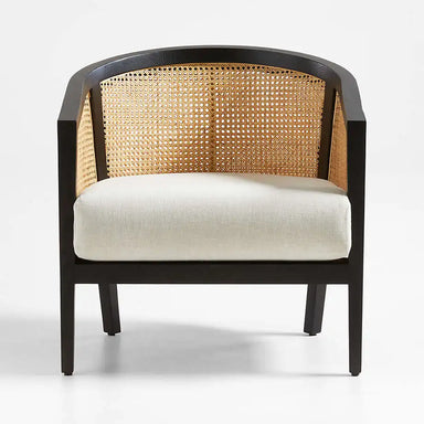 Elegant Black Cane Accent Chair with Plush Ivory Cushion - Modern French Style