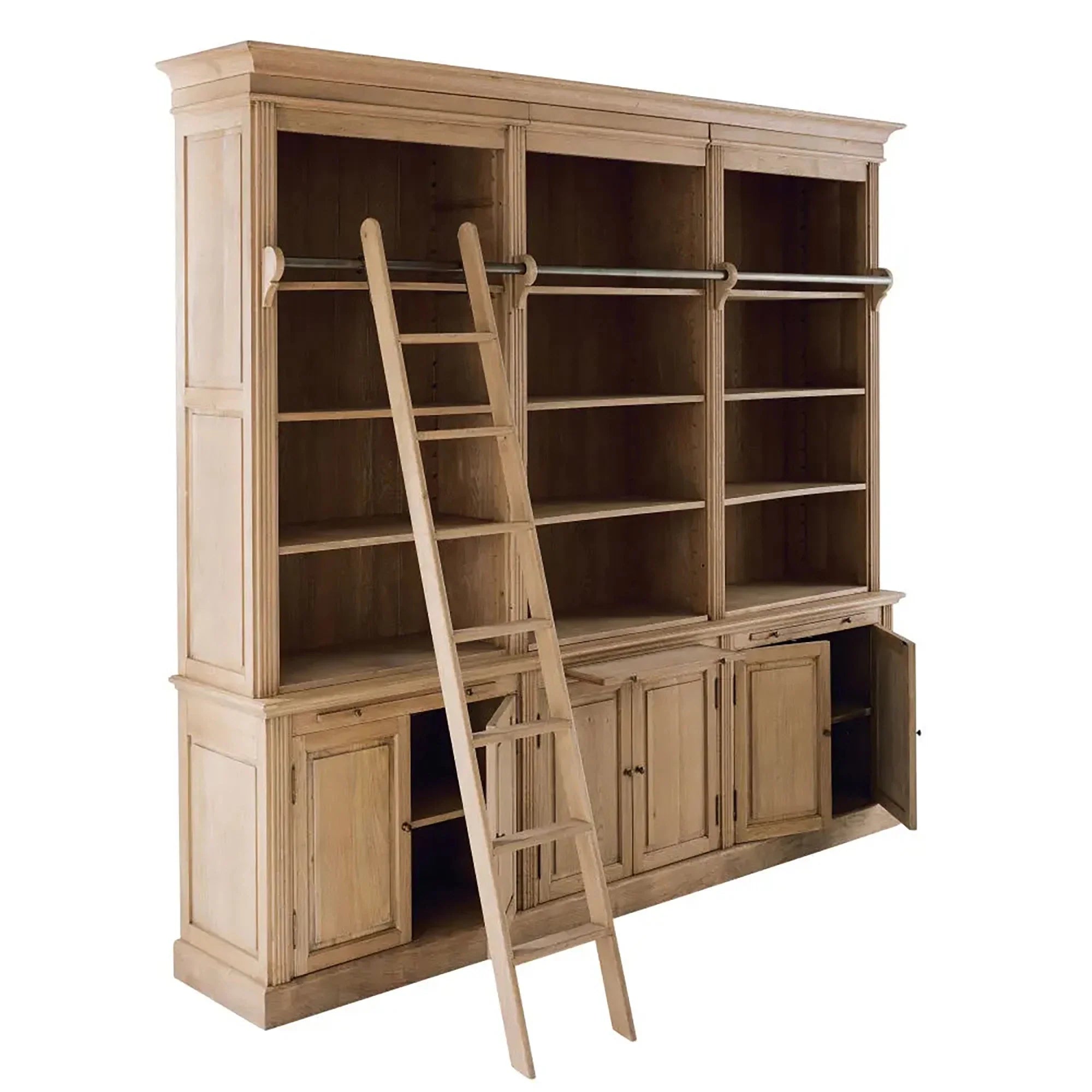 Antique Oak Wood Executive Three-Section Bookcase Wall with Rolling Ladder