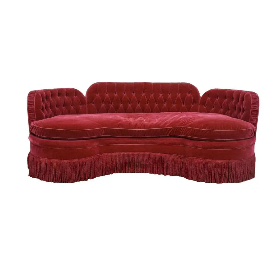 Opulent French Empire Red Velvet Tufted Fringed Grand Living Room Sofa