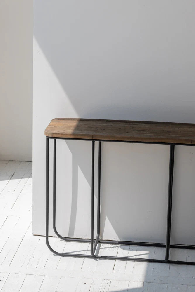 Rustic Recycled Elm & Steel Console Table – Natural Washed Finish, Industrial Chic
