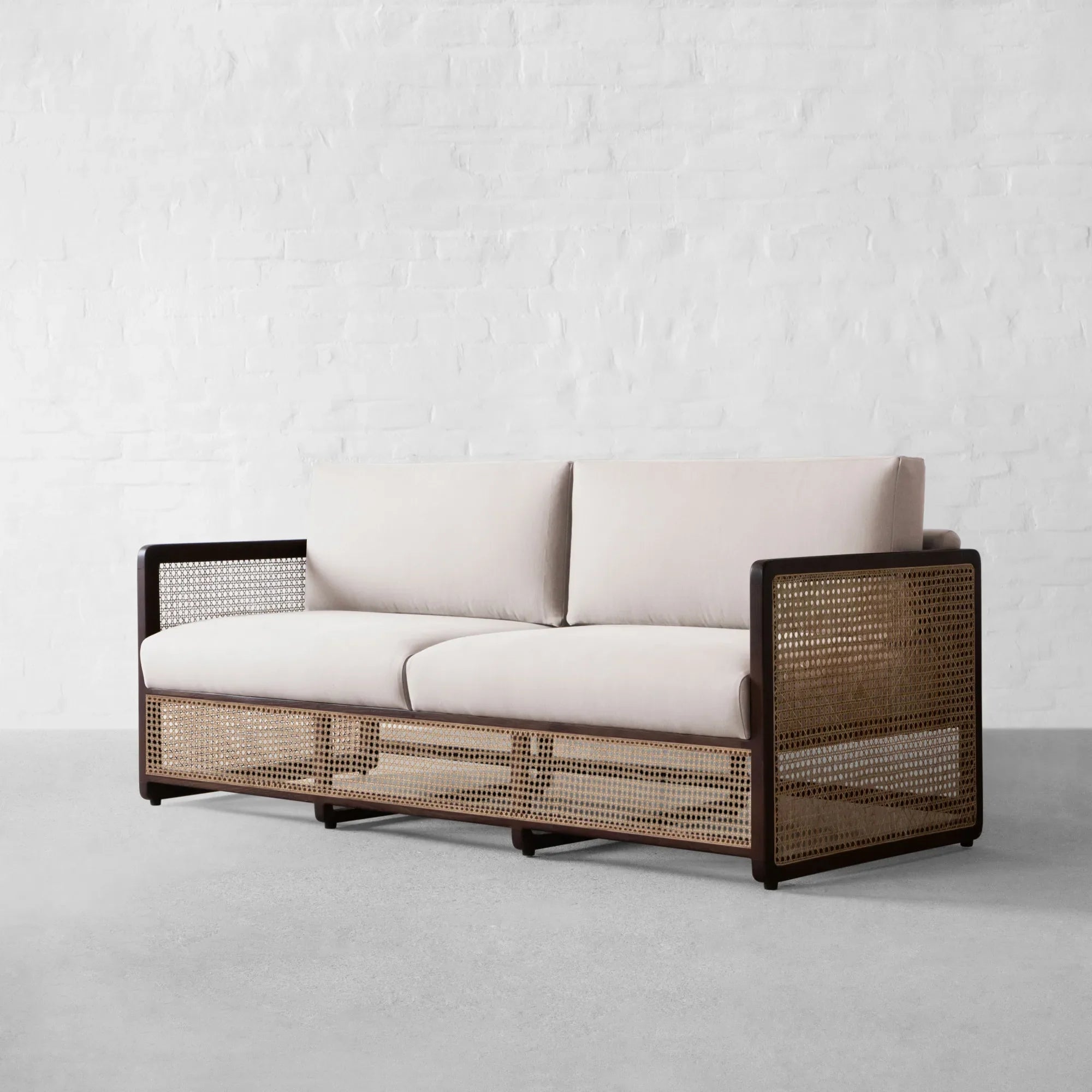 Stylish Rattan Fabric Sofa - Solid Oak Wood Slat Frame Modern Couch