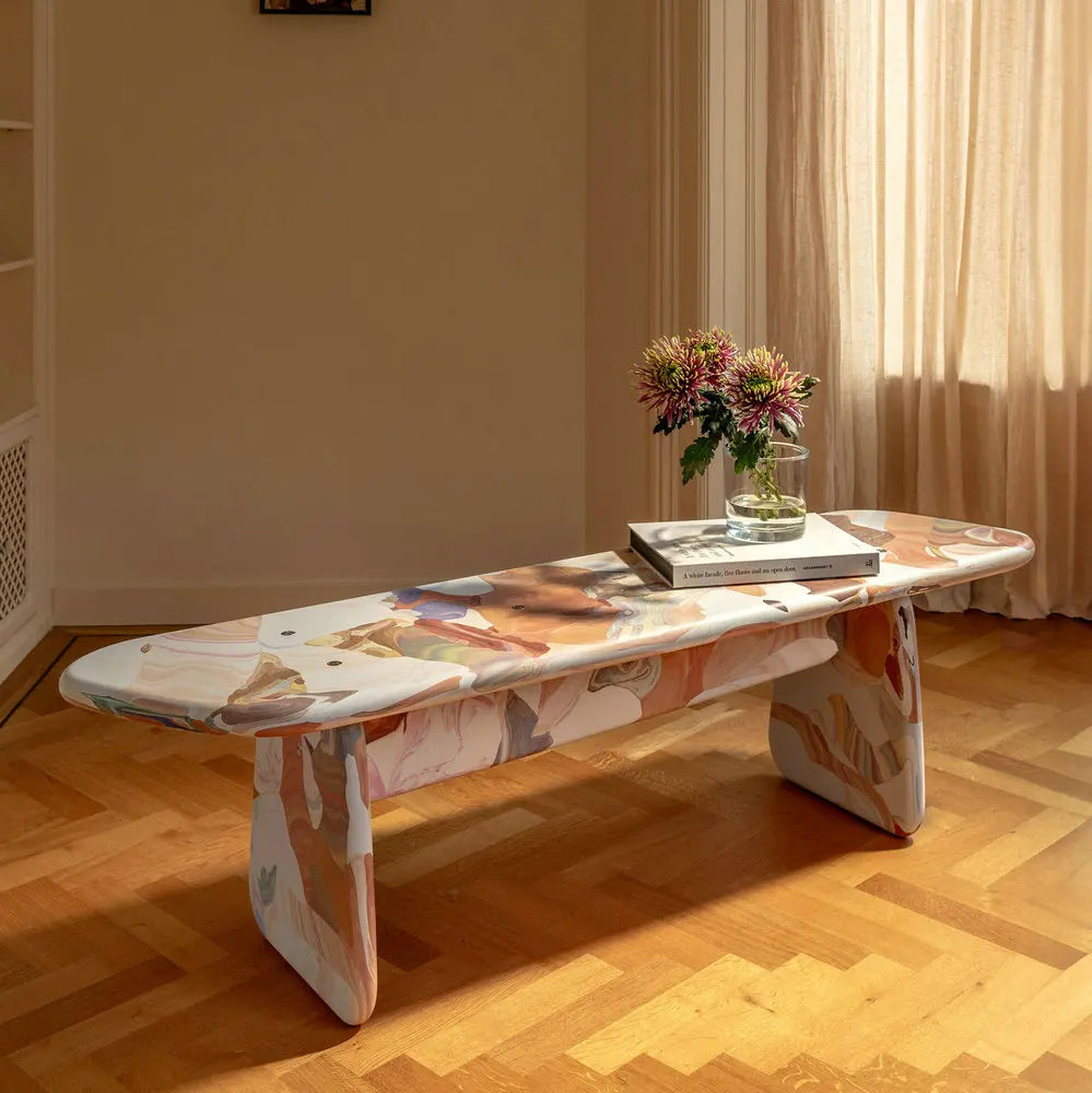 Vibrant Lacquer Fiberglass Coffee Table & Solid Wood Living Room Bench