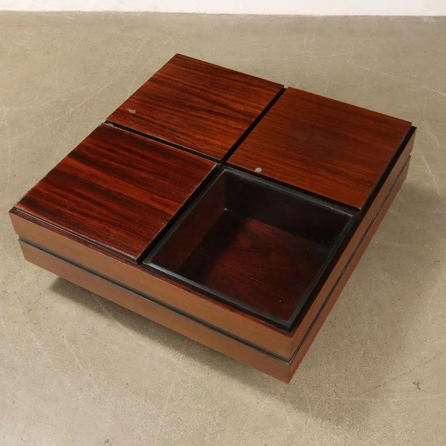 Elegant Mid-Century Modern Tempered Glass Teak Wood Storage Coffee Table