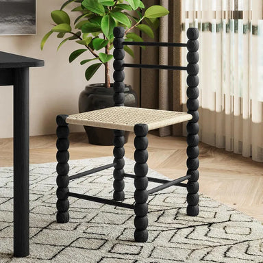 Elegant Black Solid Oak Bobbin Dining Chair with Hand-Woven Rope Seat
