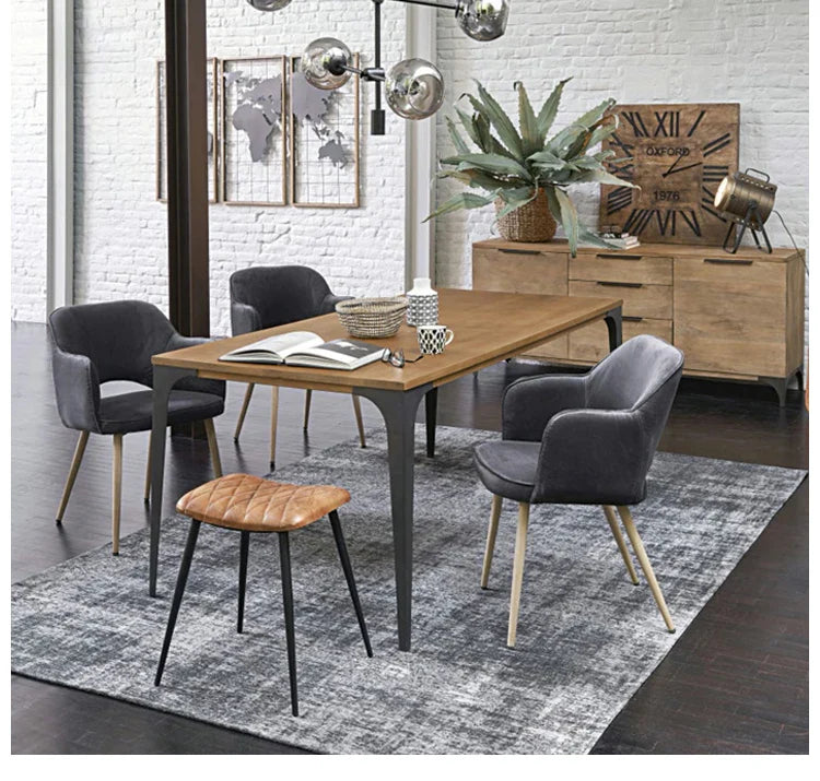 Elegant Nordic Oak Top Dining Table, Black Metal Legs, Six-Seater Kitchen