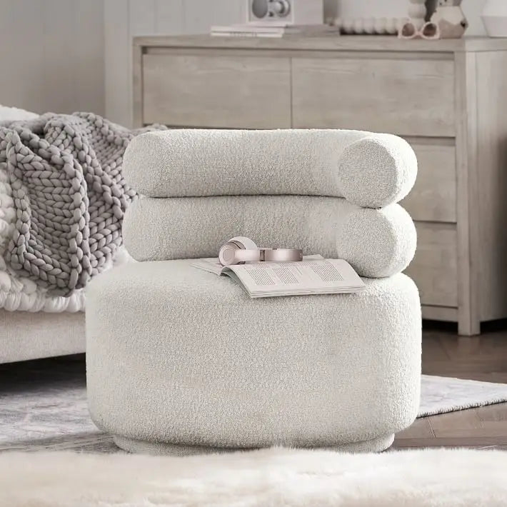 Luxurious Chunky Boucle Ivory Swivel Accent Chair Modern Designer Hug Style