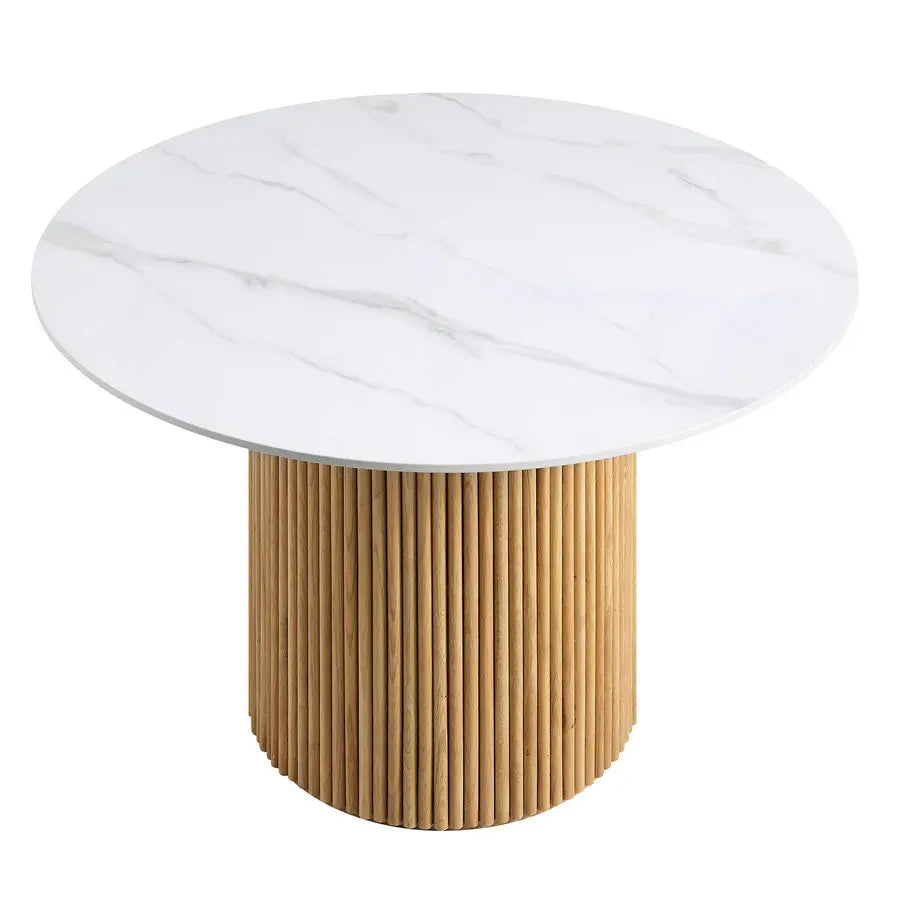 Round Solid Oak Wood Pedestal Dining Table - Natural Finish for Kitchen & Cafe