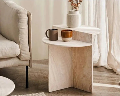 Tostone Modern Travertine Stone Side Table - Elegant Rice White Accent Furniture