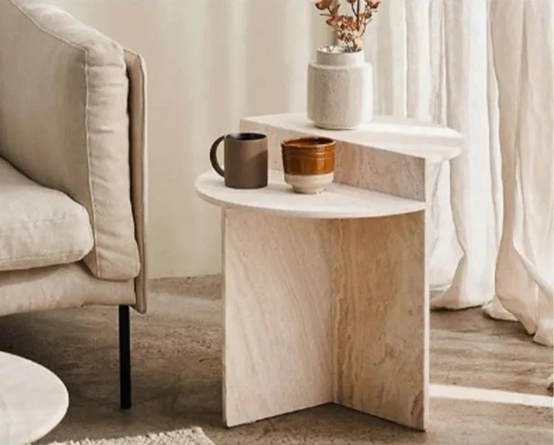 Tostone Modern Travertine Stone Side Table - Elegant Rice White Accent Furniture