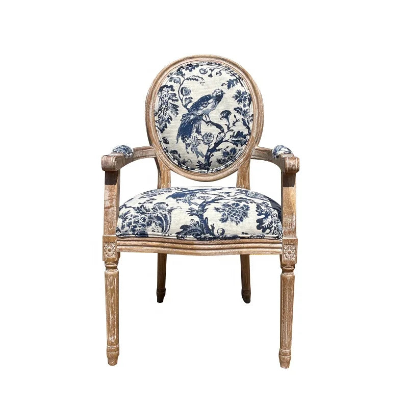 Elegant French Louis Arm Chair: Linen Upholstered, Solid Oak Wood, Antique Style