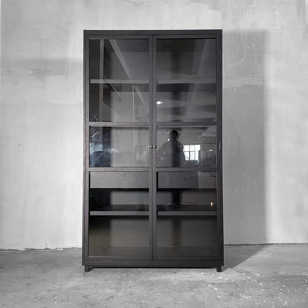 Elegant Solid Oak Wood Black Glass Display Cabinet Bookcase for Living Room