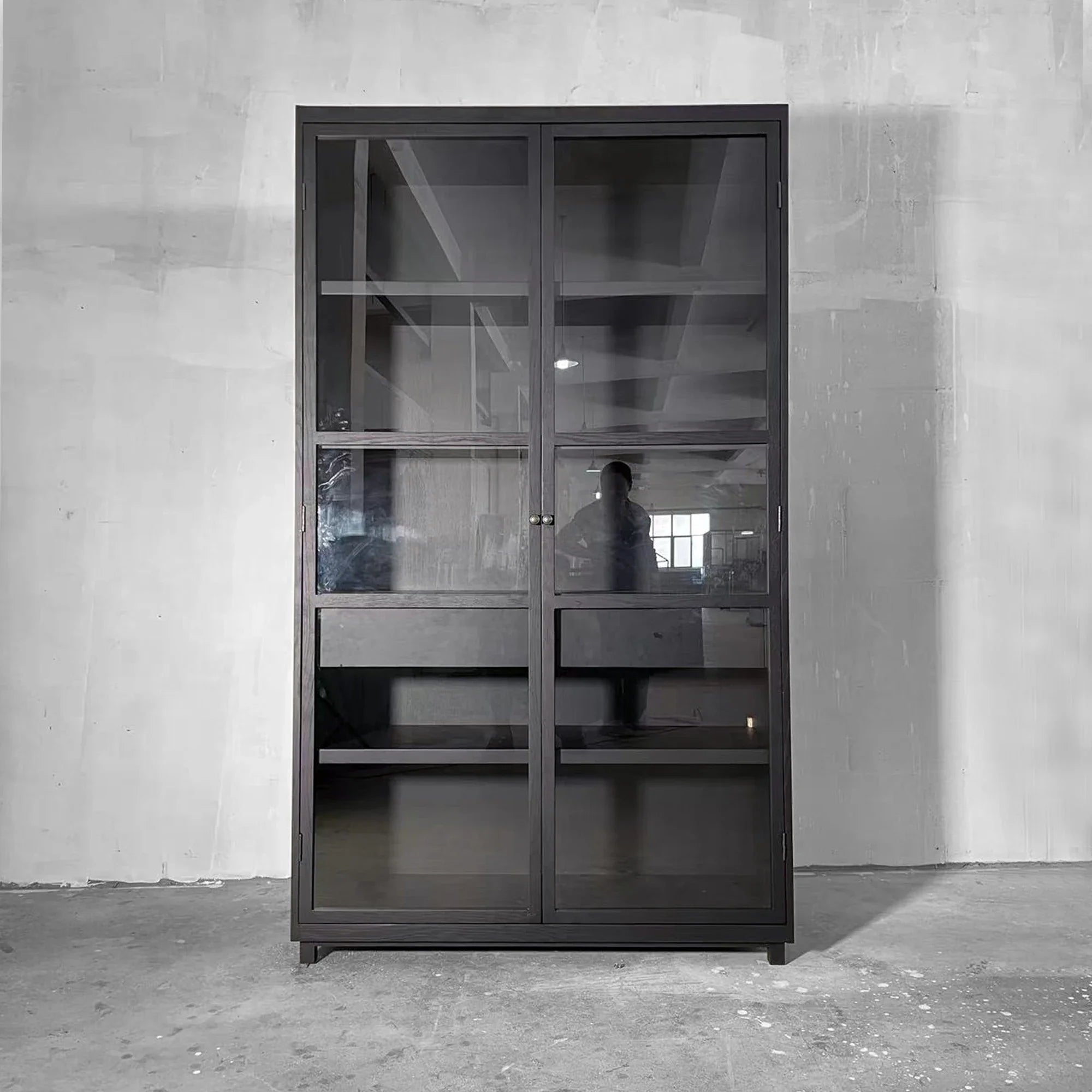 Elegant Solid Oak Wood Black Glass Display Cabinet Bookcase for Living Room