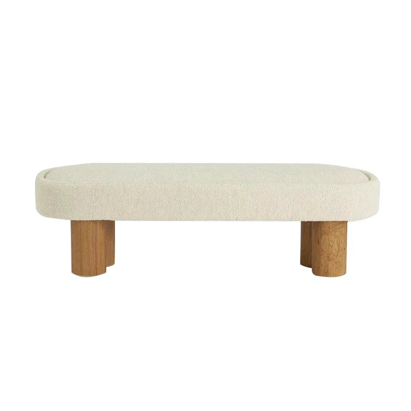 Chic Nordic White Boucle Upholstered Oak Wood Leg Ottoman Bench