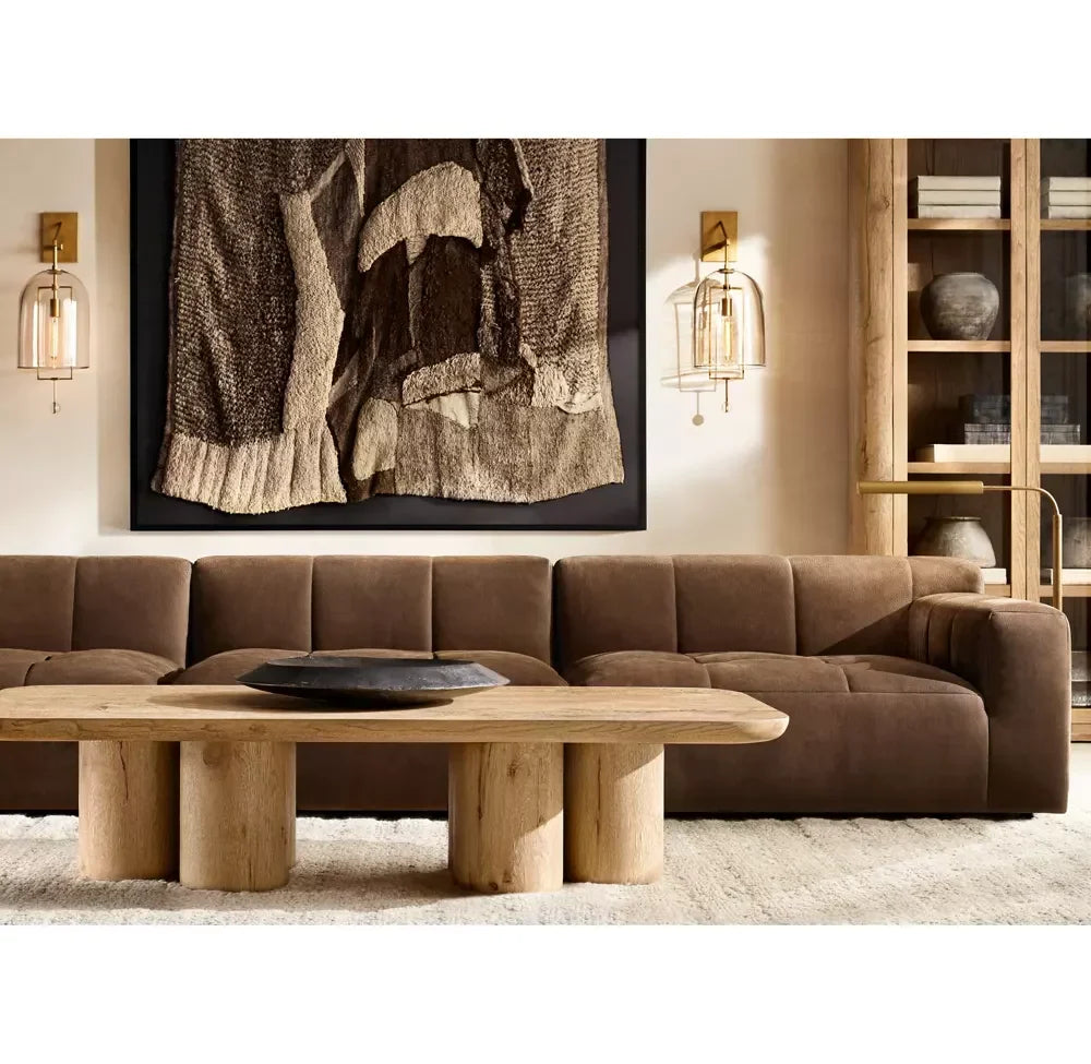 Luxury Modern Oak Wood Coffee Table with Cylindrical Supports Design