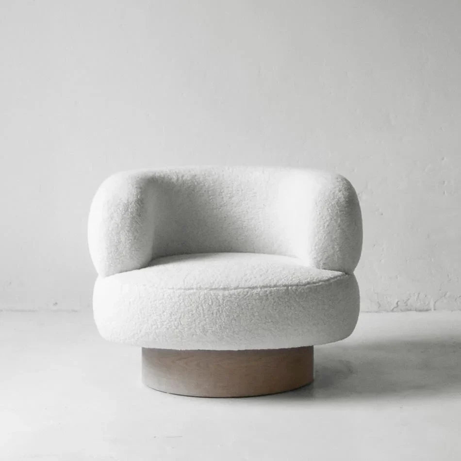 Luxurious White Fleece Swivel Accent Chair Modern Wooden Base Living Room
