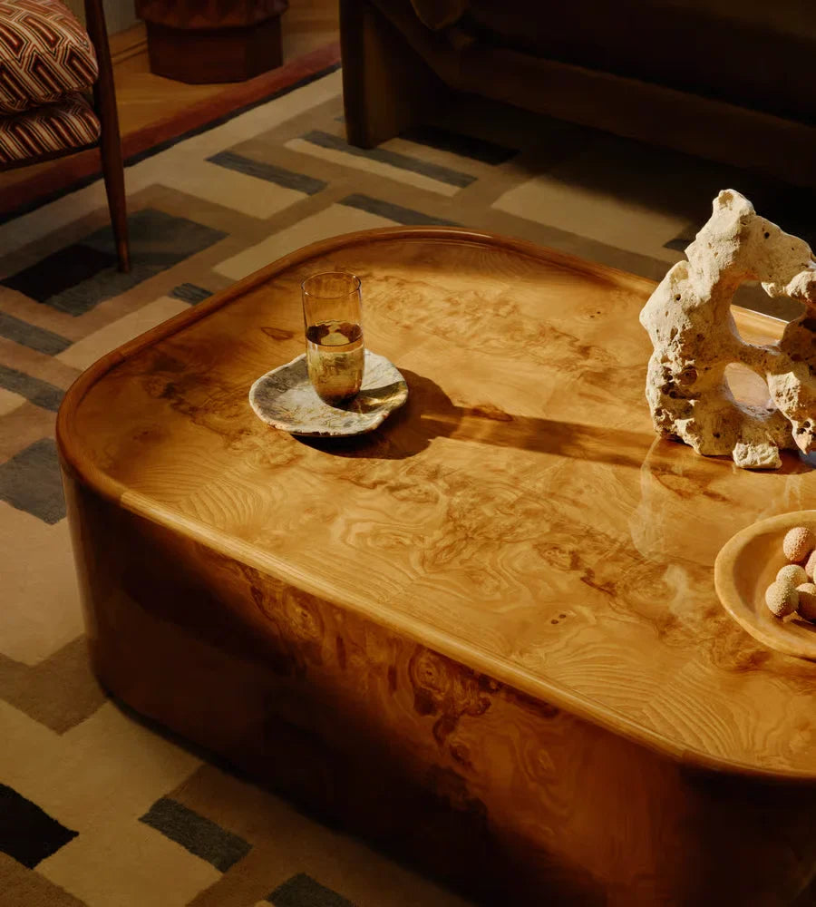 Nordic Modern Luxury Wood Coffee Table, Olive Ash Burl Living Room Centerpiece