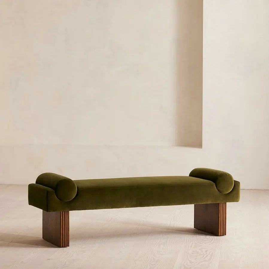 Elegant Olive Green Velvet Upholstered Solid Wood Ottoman Bench