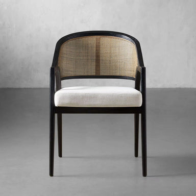 Aimee Modern Upholstered Rattan Back Dining Arm Chair, Solid Oak Frame