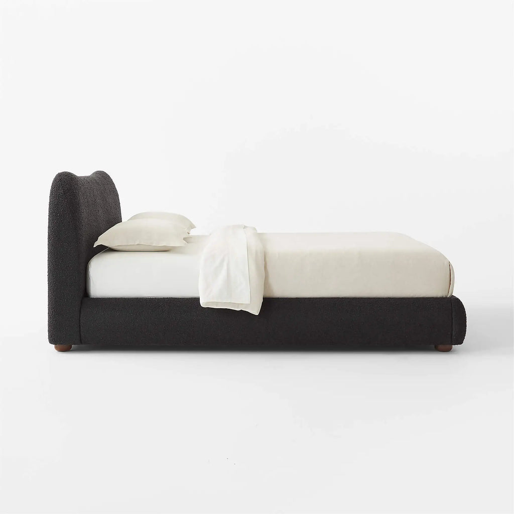 Luxurious Black Boucle Upholstered Solid Oak Wood King Size Bed Frame