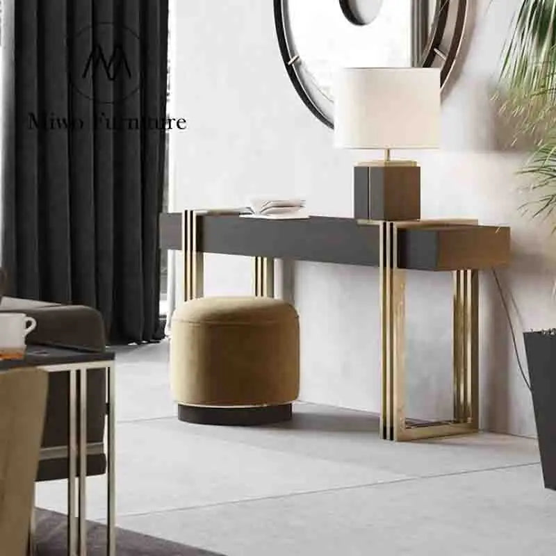 Modern Handcrafted Walnut Wood and Gold Entrance Hallway Console Table