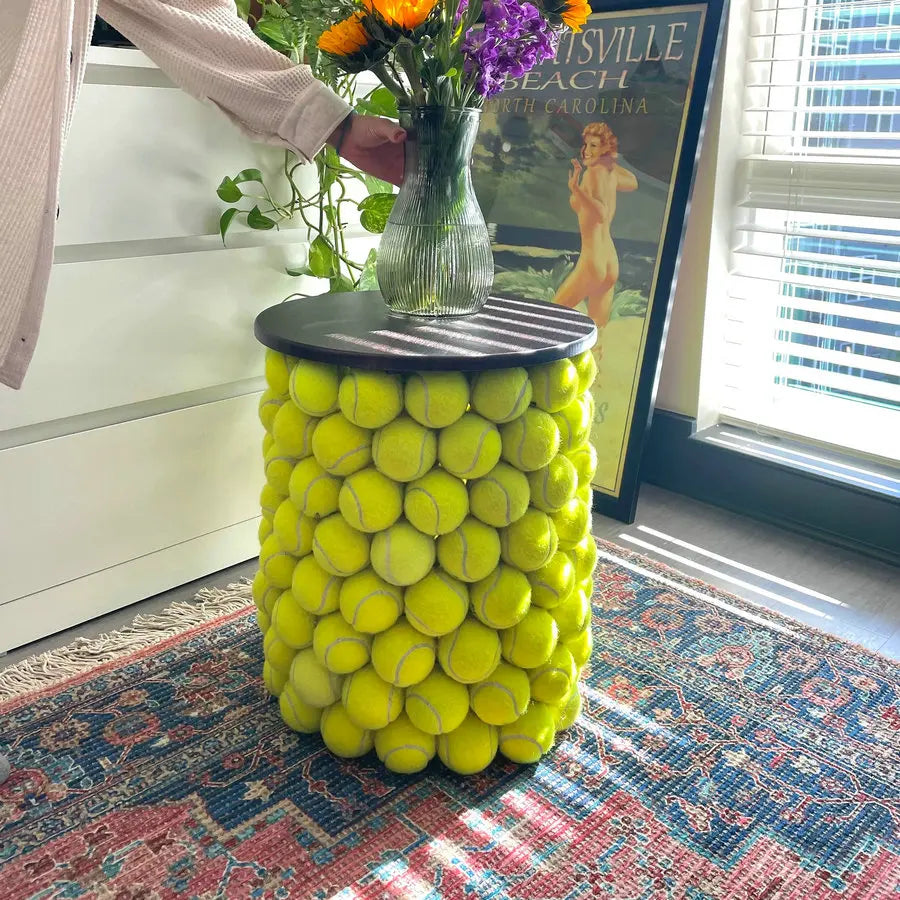 Chic Round Tempered Glass Coffee Table, Unique Tennis Ball Design Base