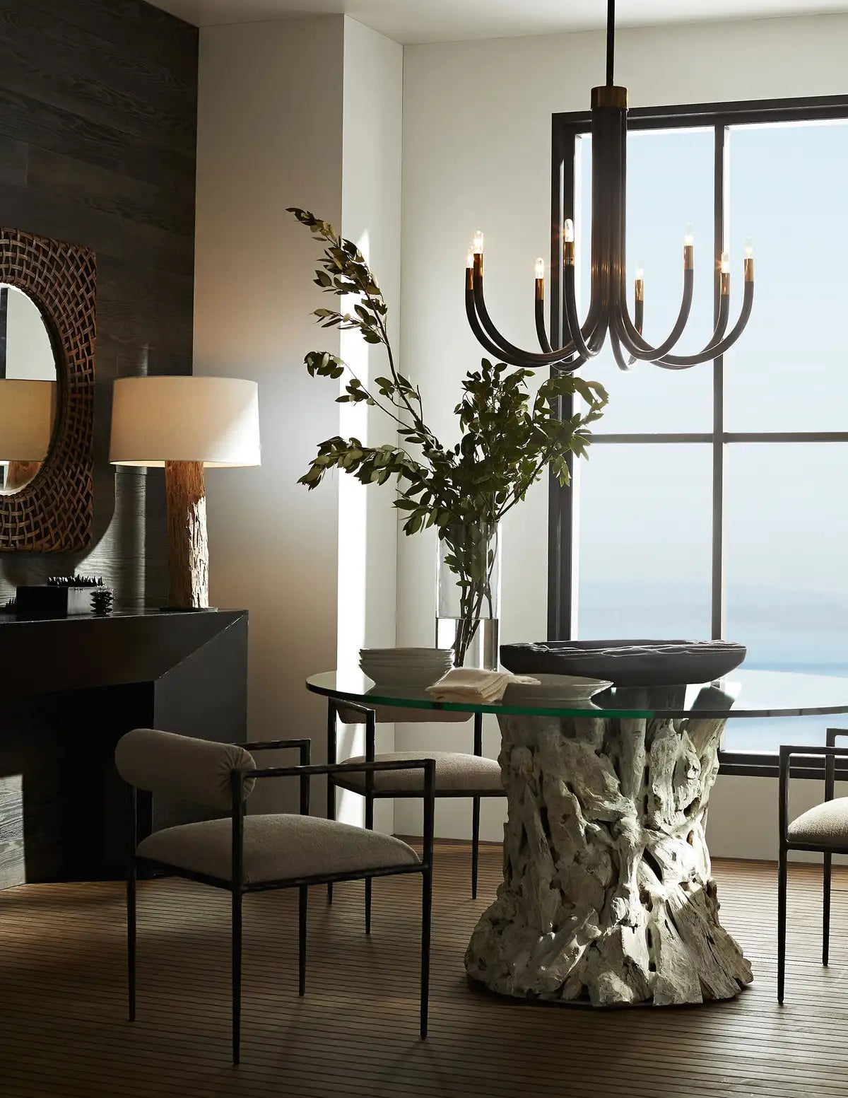 Modern Forged Metal Dining Chair: Pewter Frame, Linen Upholstery