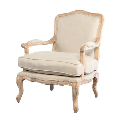 Elegant French Solid Oak Living Room Armchair: Linen/Velvet Upholstered Leisure Chair