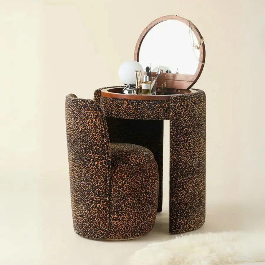 Elegant Upholstered Vintage Makeup Vanity Desk with Foldable Mirror and Stool Set
