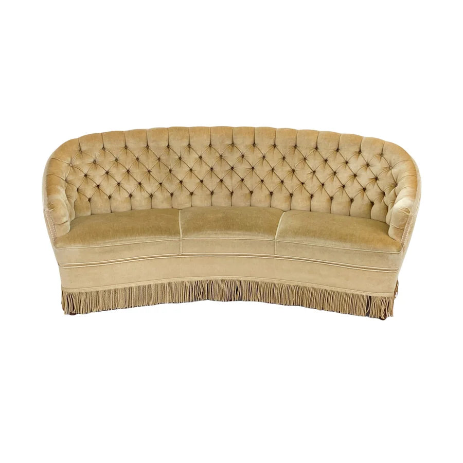 Luxurious French Velvet Curved Button Tufted Three-Seater Salon Sofa