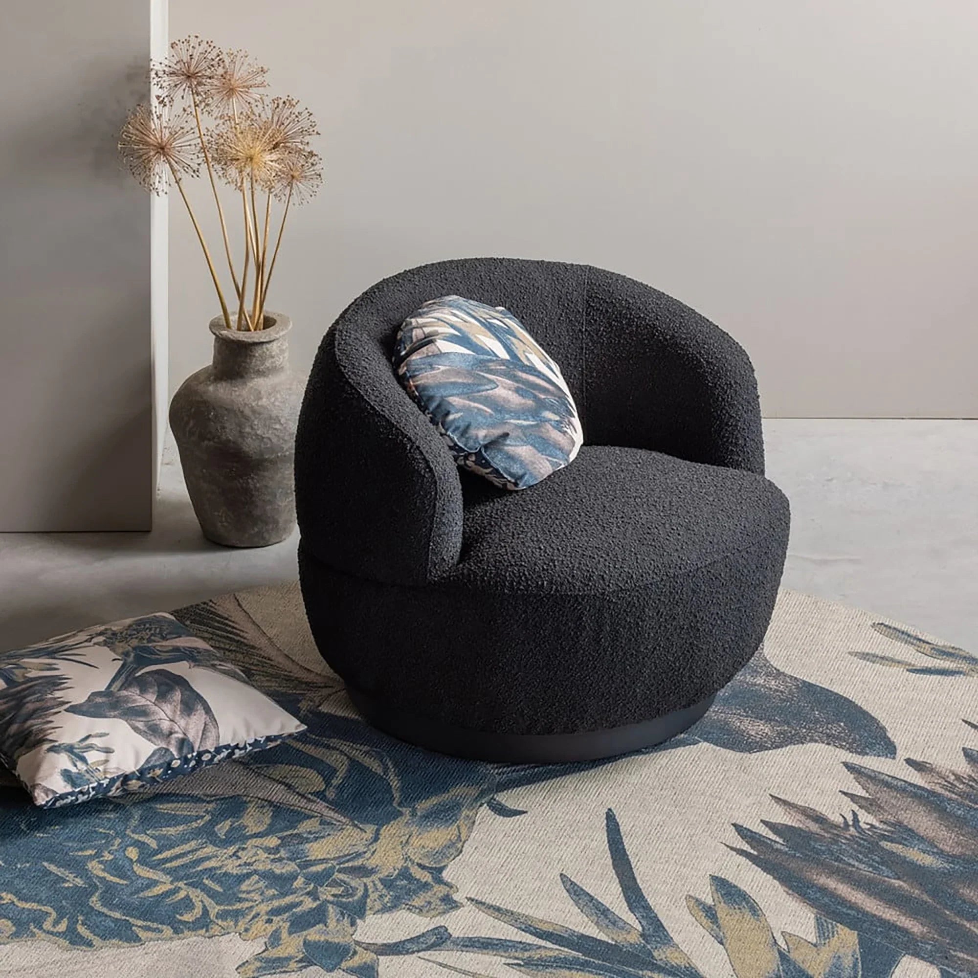 Black Boucle Swivel Armchair: Modern Metal Leg Rotation Lounge Chair