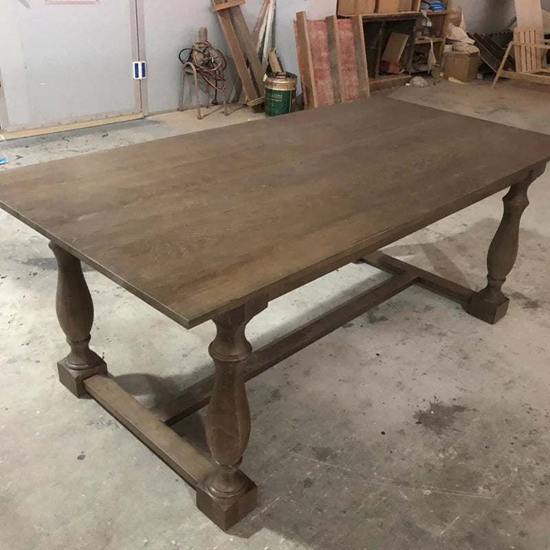 Farmhouse Solid Oak Trestle Dining Table, Carved Legs, Seats 8 Guests