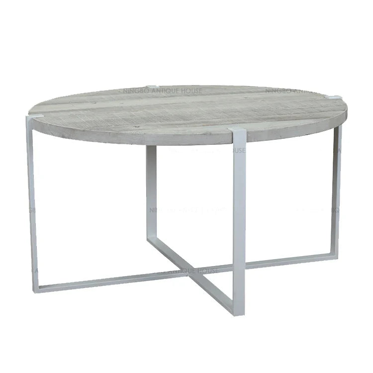 Nordic Industrial Vintage Recycled Pine Wood Oval Dining Table Iron Base