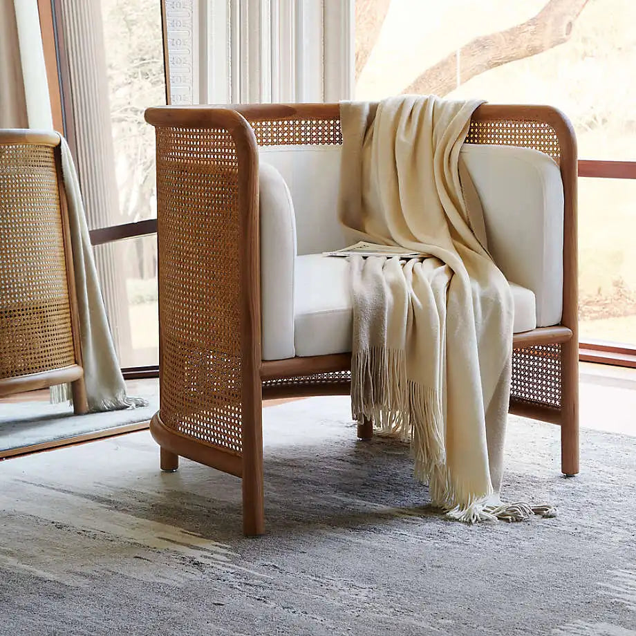 Nordic Rattan Cane Back White Accent Chair - Solid Oak Living Room Furniture